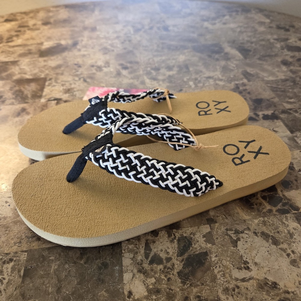 Roxy sz 8 braided blk/wht thong flip flops sandals NWT casual summer vacation - Picture 5 of 9